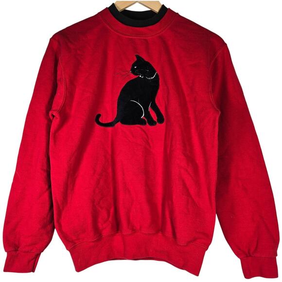 Country Store Black Velvet‎ Cat Red Sweatshirt S | Faux Jewels, Inset Collar - Picture 1 of 10